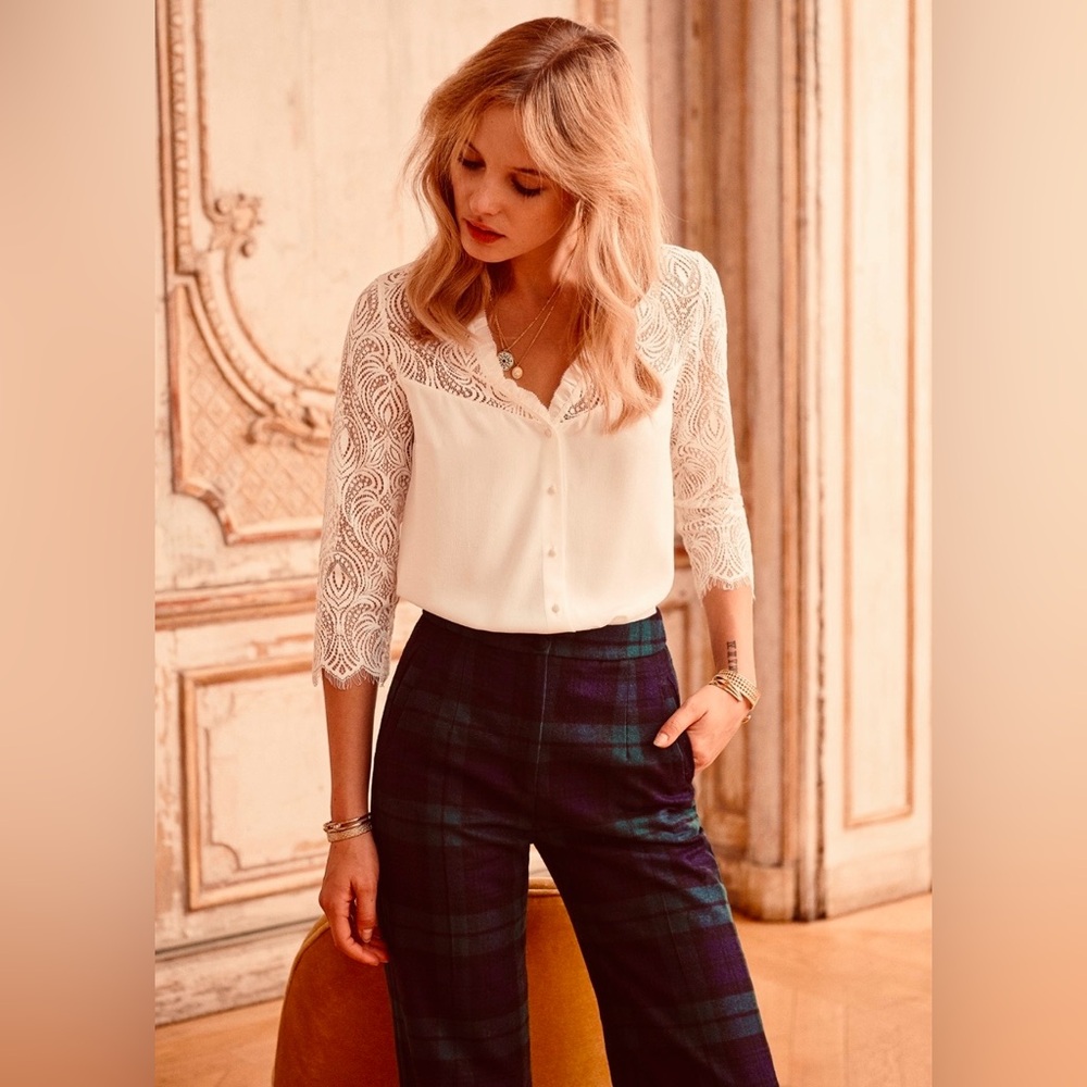 Sezane Margaret Silk Ecru Lace Sleeve Button-Front Blouse
